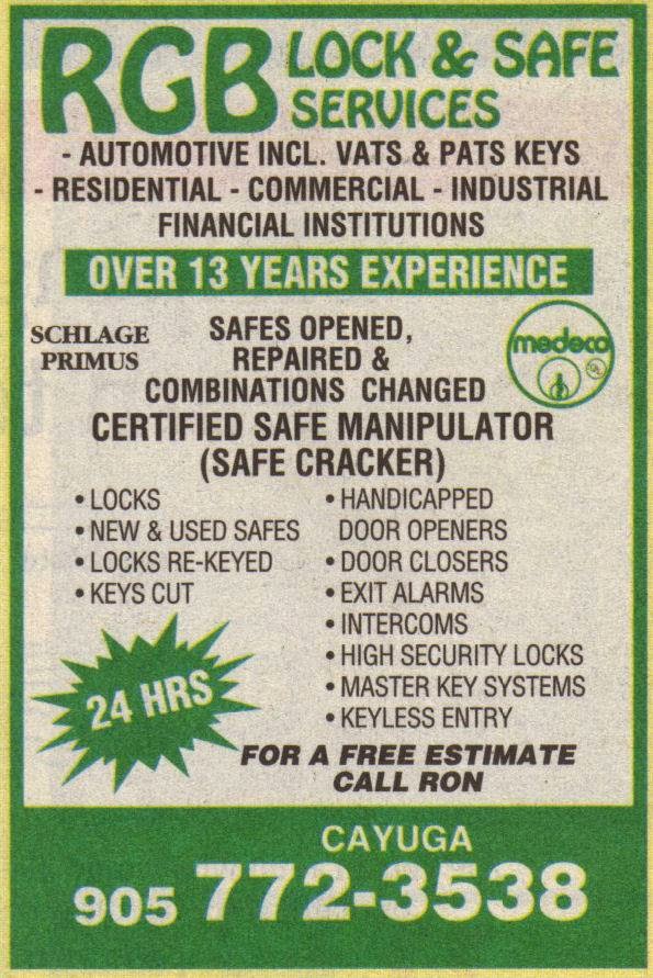 RGB Lock & Safe Services | 244 Meadows Rd, Cayuga, ON N0A 1E0, Canada | Phone: (905) 772-3538