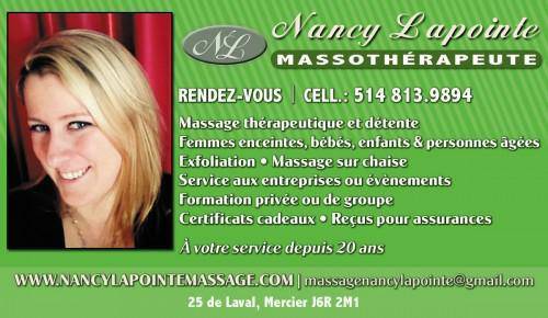 Nancy Lapointe Massotherapie South Shore | 25 Rue de Laval, Mercier, QC J6R 2M1, Canada | Phone: (514) 813-9894