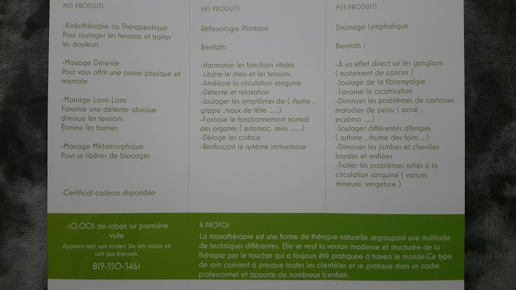 Masso-kinésithérapie, réflexologie Nathalie Girouard | 4 Des, Rue des Cèdres, Victoriaville, QC G6P 2H2, Canada | Phone: (819) 350-3461