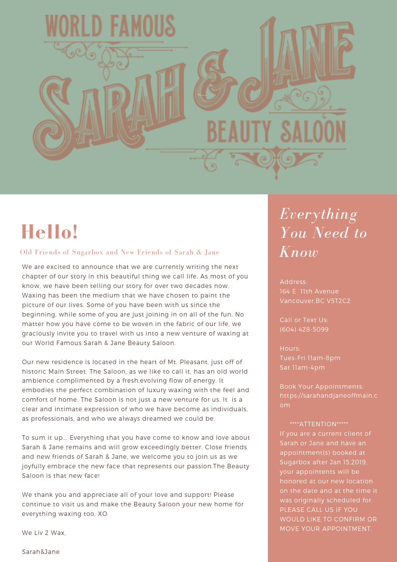 Sarah&Jane Beauty Saloon | 164 E 11th Ave, Vancouver, BC V5T 2C2, Canada | Phone: (604) 428-5099