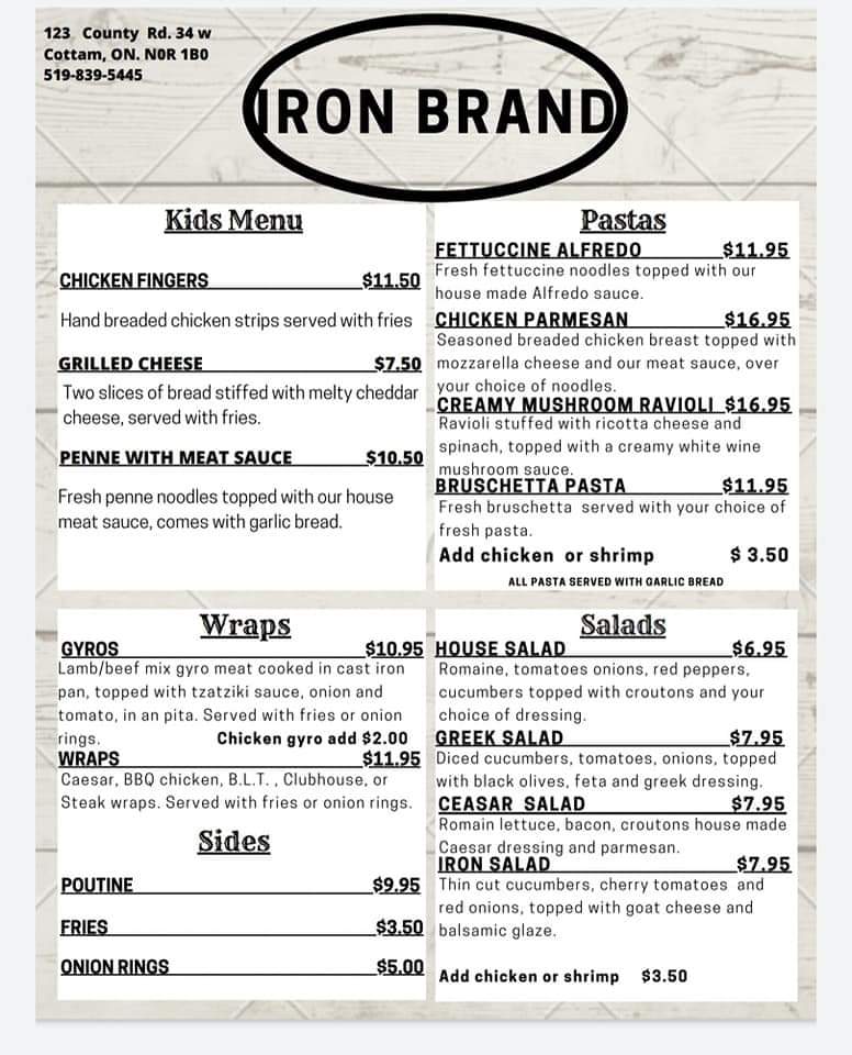 Iron Brand Grill House | 123 County Rd 34, Cottam, ON N0R 1B0, Canada | Phone: (519) 839-5445