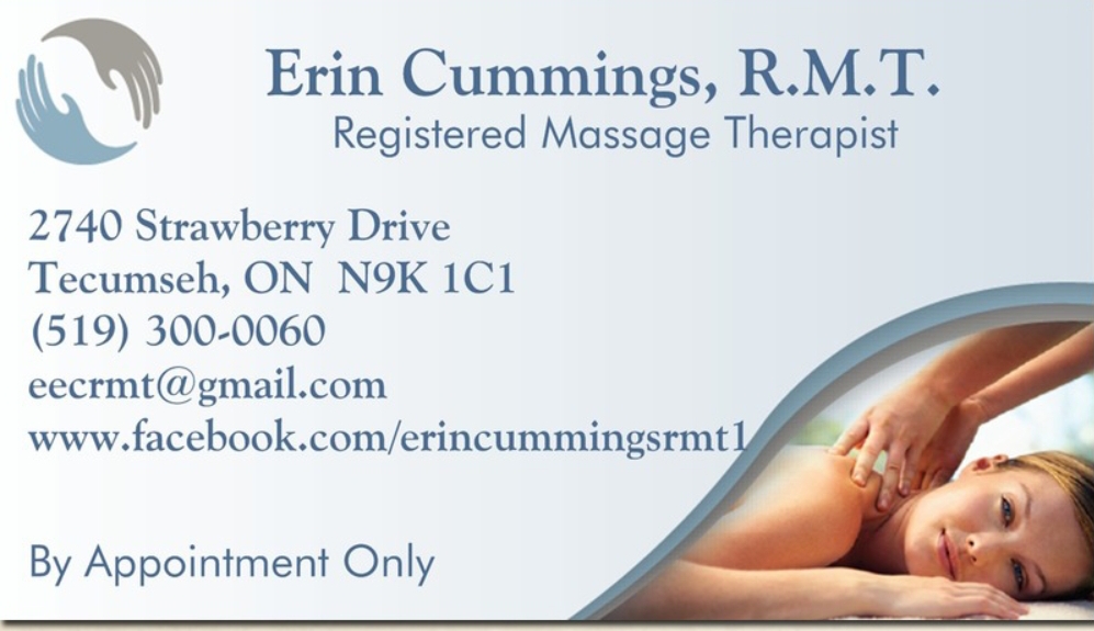 Erin Cummings, Registered Massage Therapist. eecrmt@gmail.com | 2740 Strawberry Dr, Windsor, ON N9K 1C1, Canada | Phone: (519) 300-0060