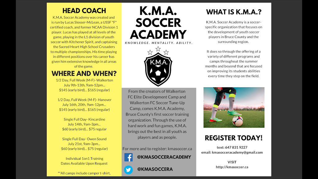 K.M.A. Soccer Academy | 34 Johnstone Blvd, Walkerton, ON N0G 2V0, Canada | Phone: (647) 821-9227