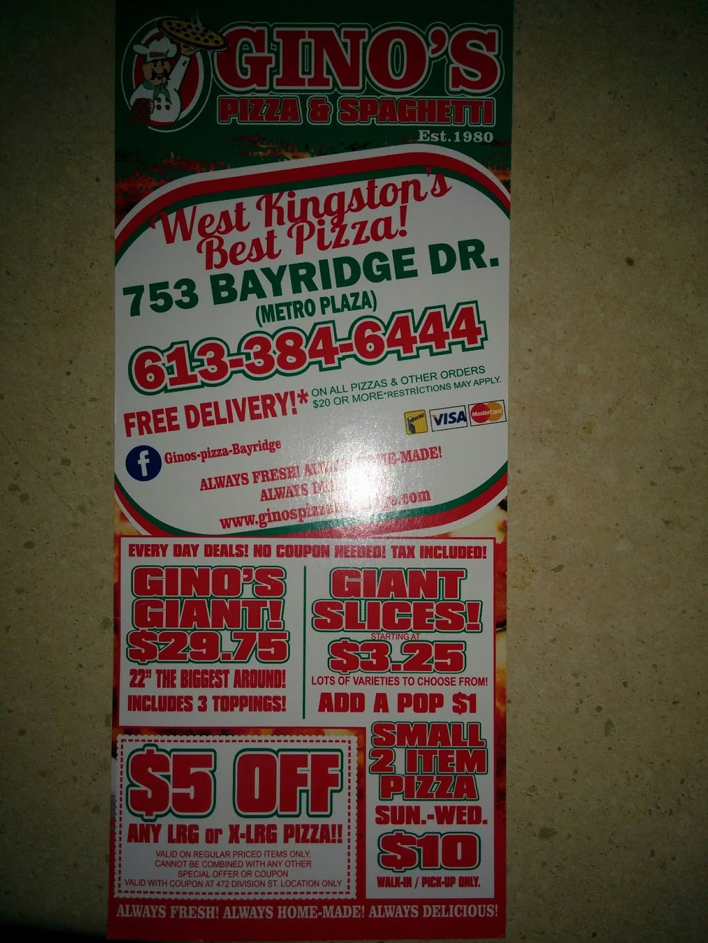 Ginos Pizza and Spaghetti | 753 Bayridge Dr, Kingston, ON K7P 2P2, Canada | Phone: (613) 384-6444