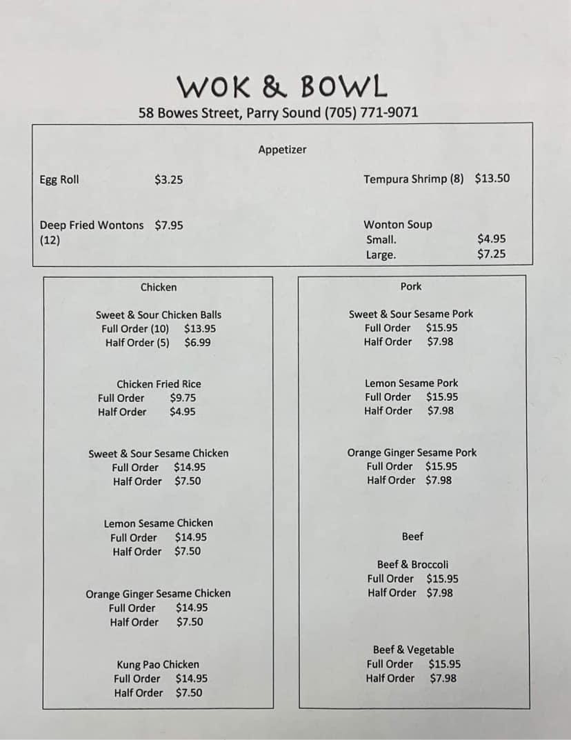 Wok n Bowl | 58 Bowes St, Parry Sound, ON P2A 2L3, Canada | Phone: (705) 771-9071