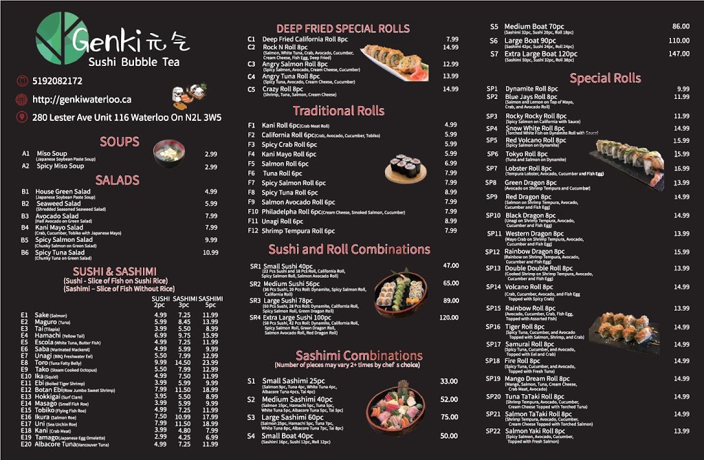 Genki Sushi & Bubble Tea | 280 Lester St Unit 116, Waterloo, ON N2L 3W5, Canada | Phone: (519) 208-2172