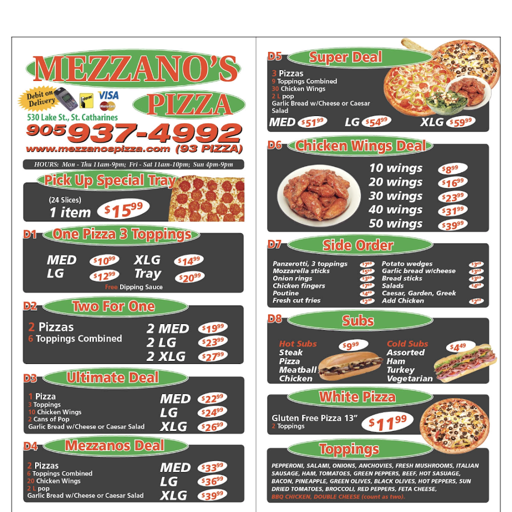 Mezzanos Pizza | 530 Lake St, St. Catharines, ON L2N 4H6, Canada | Phone: (905) 937-4992