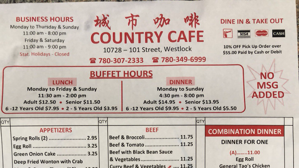 Country Cafe | 10728 101 St, Westlock, AB T7P 1H7, Canada | Phone: (780) 349-6999