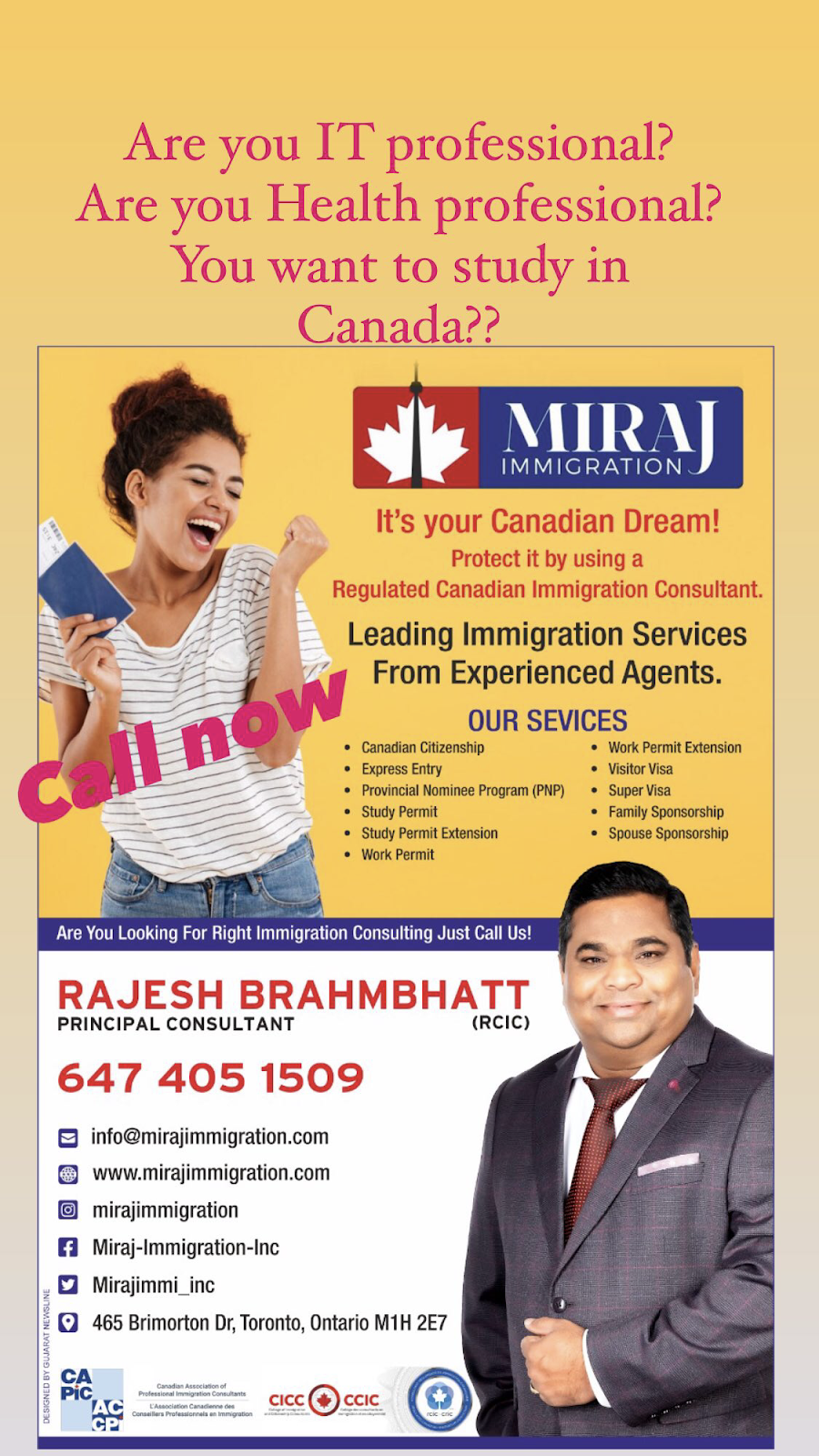 Miraj Immigration Inc | #465, Scarborough, ON M1H 2E7, Canada | Phone: (647) 405-1509