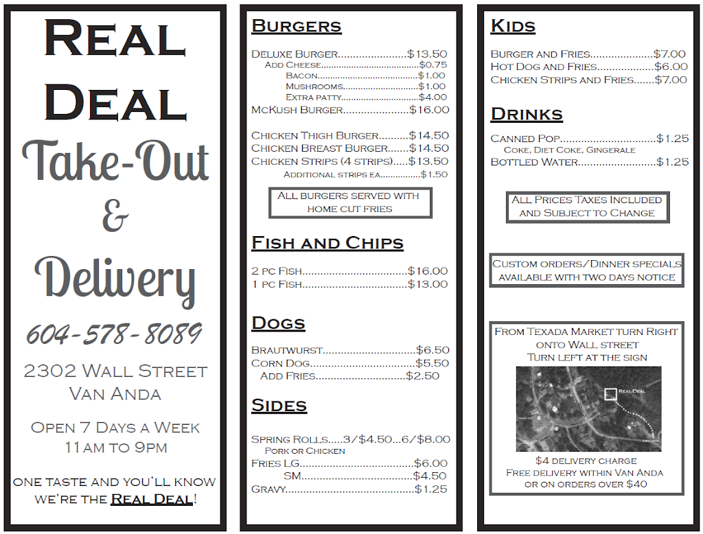 Real Deal Take Out & Delivery | 2302 Wall St, Van Anda, BC V0N 3K0, Canada | Phone: (604) 578-8089