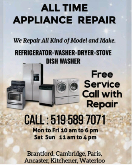 All Time Appliance Repair | 33 Jarvis St, Brantford, ON N3T 4A7, Canada | Phone: (519) 589-7071