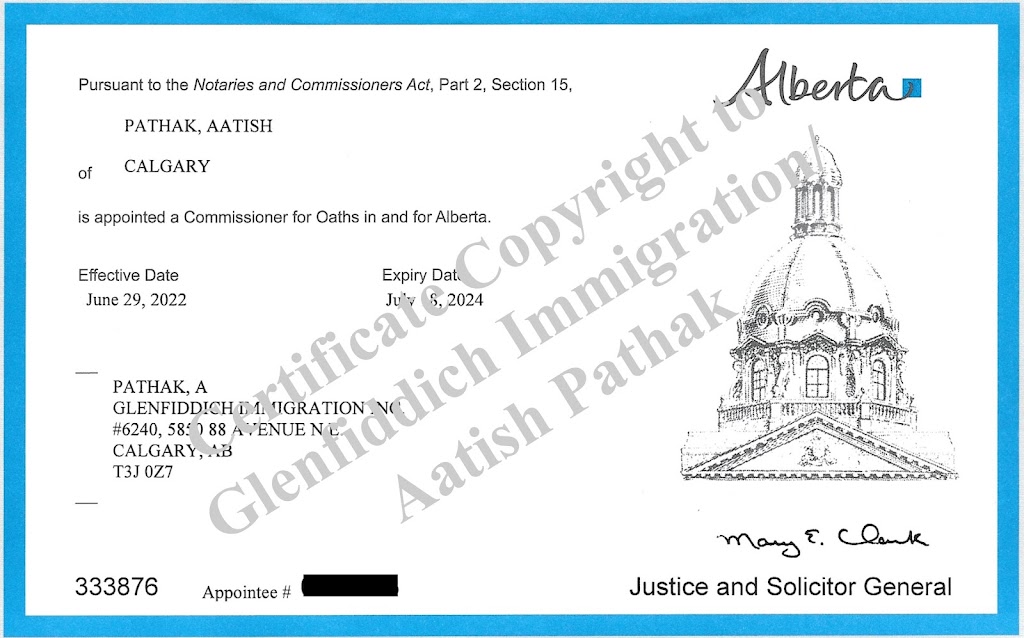 Commissioner For Taking Oaths & Affidavits | Glenfiddich Immigration Inc, 5850 88 Ave NE Unit # 6240, Calgary, AB T3J 0Z7, Canada | Phone: (403) 351-4754