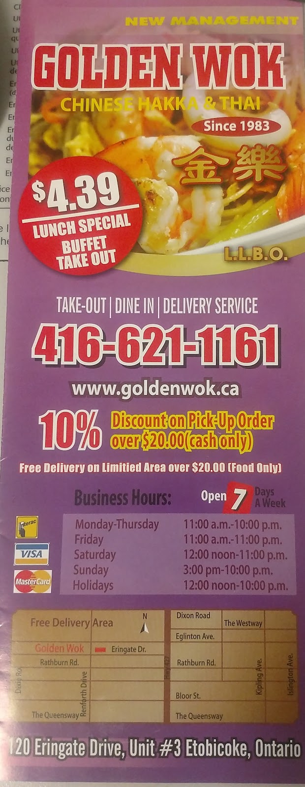 Golden Wok | 120 Eringate Dr, Etobicoke, ON M9C 3Z8, Canada | Phone: (416) 621-1161