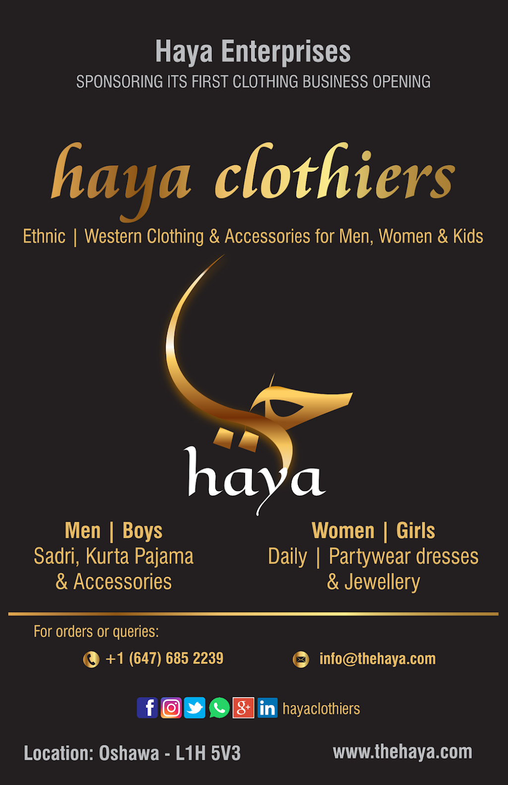 HayaClothiers | 815 Mahina St, Oshawa, ON L1J 7S2, Canada | Phone: (647) 685-2239