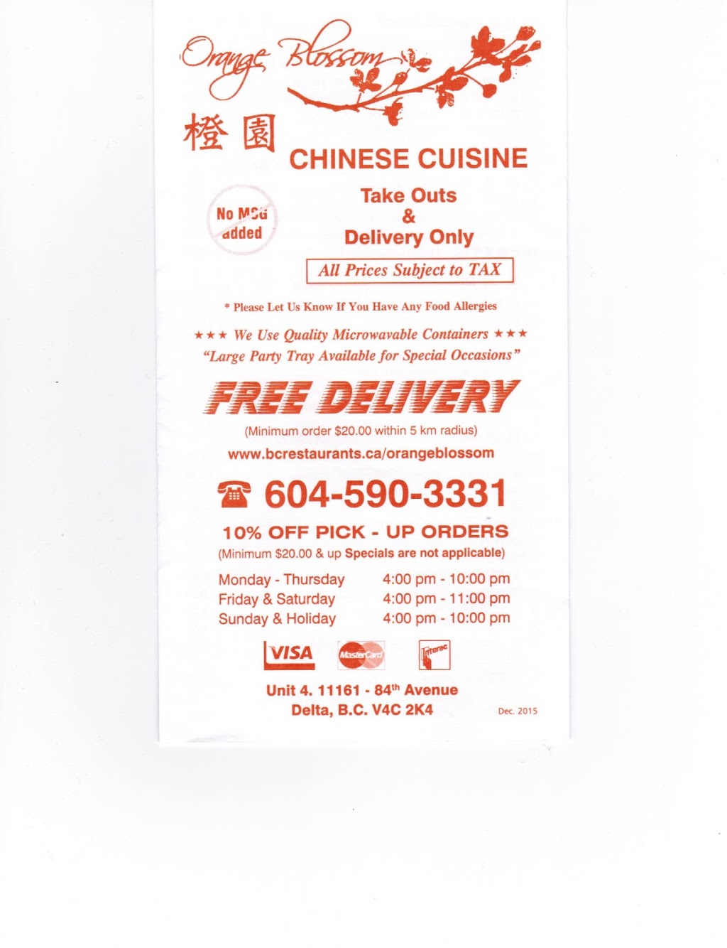 Orange Blossom Chinese Cuisine | 11161 84 Ave, Delta, BC V4C 2K4, Canada | Phone: (604) 590-3331