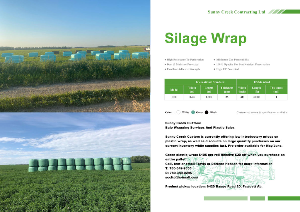 Sunny Creek Custom; Bale Wrapping Services and Plastic Sales | 64020 Range Rd 20, Fawcett, AB T0G 0Y0, Canada | Phone: (780) 349-9855