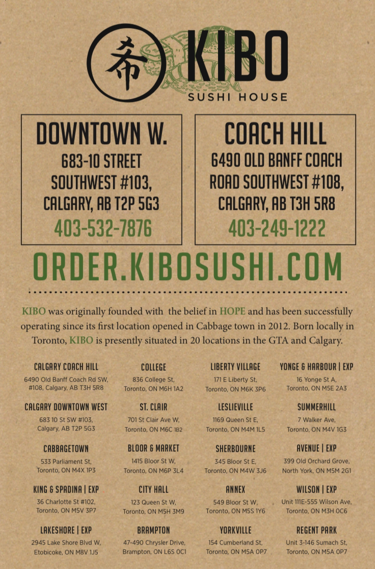 Kibo Sushi Calgary Coach Hill | 6490 Old Banff Coach Rd SW #108, Calgary, AB T3H 5R8, Canada | Phone: (403) 249-1222