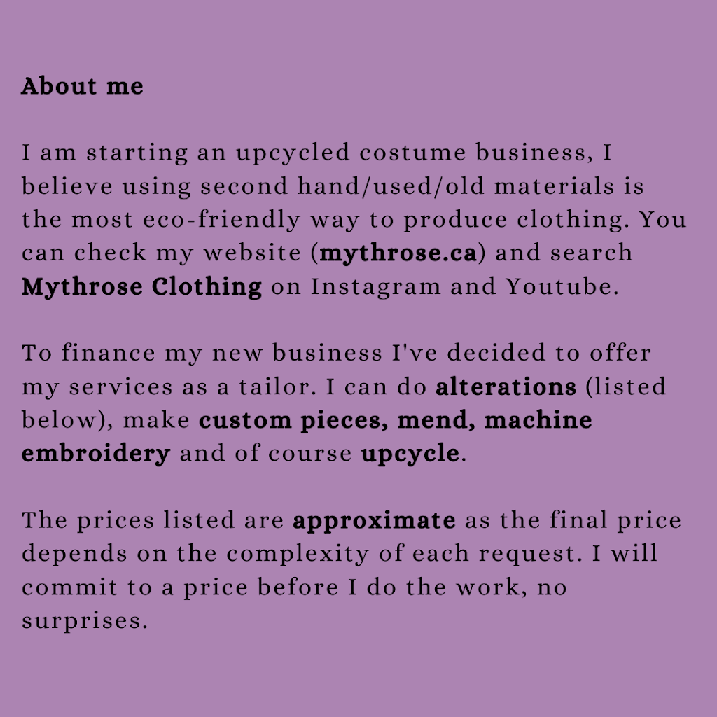 Mythrose Tailoring | 2981 Alouette Dr, Victoria, BC V9B 0M6, Canada | Phone: (236) 999-9433