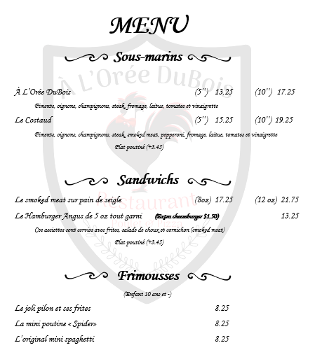 Restaurant À L’Orée DuBois | 1118 QC-139, Wickham, QC J0C 1S0, Canada | Phone: (819) 741-0299