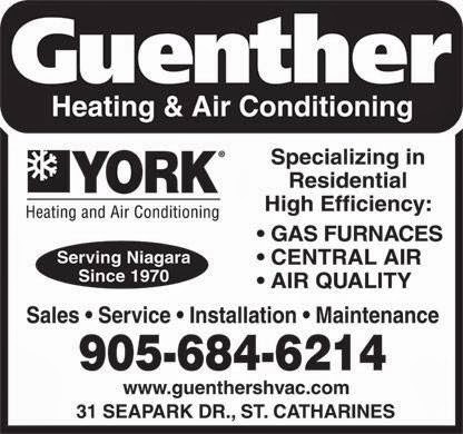 Guenther Heating & Air Conditioning Ltd. | 31 Seapark Dr, St. Catharines, ON L2M 6S5, Canada | Phone: (905) 684-6214