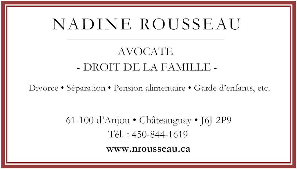 Nadine Rousseau, Avocate et médiatrice familiale | 61 Bd DAnjou, Châteauguay, QC J6J 2P9, Canada | Phone: (450) 844-1619