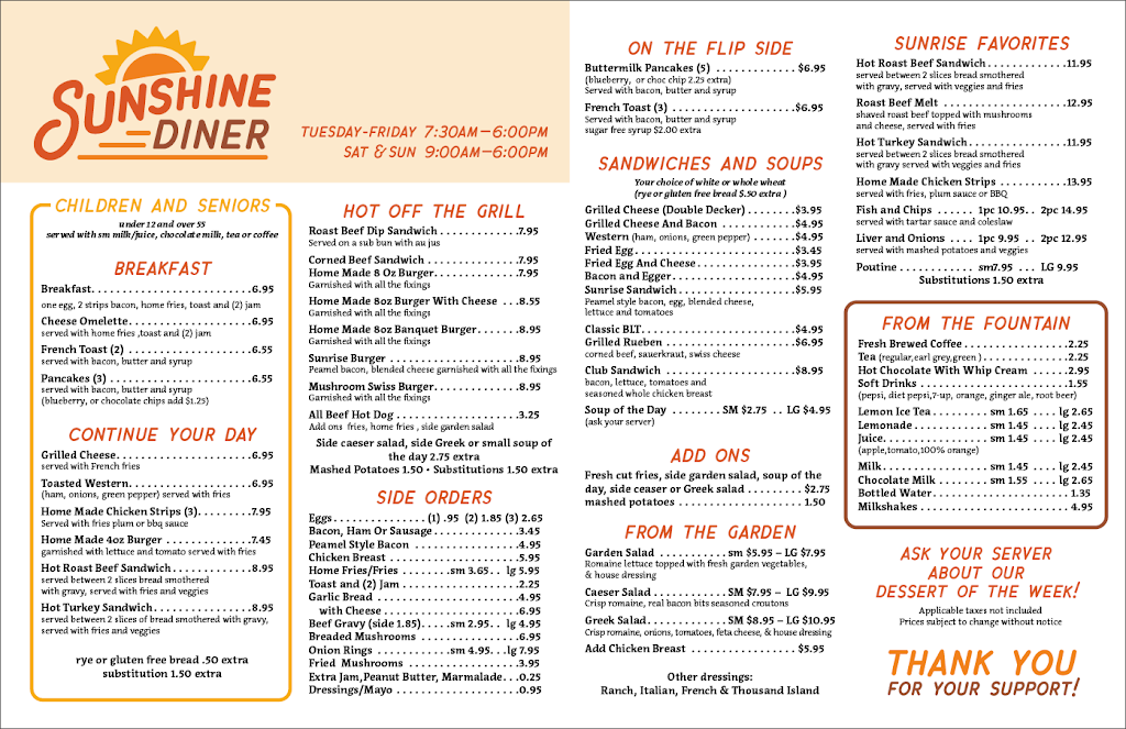 Sunshine diner | 740 9th Ave E, Owen Sound, ON N4K 3E5, Canada | Phone: (519) 376-0843