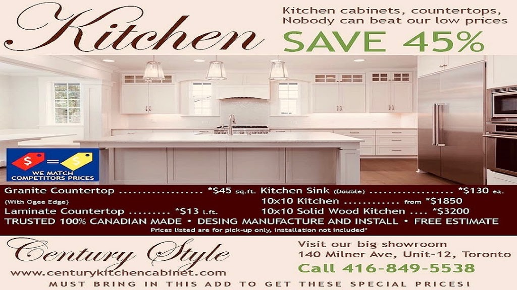 CENTURY STYLE KITCHENS | 140 Milner Ave unit 12, Scarborough, ON M1S 3R3, Canada | Phone: (416) 849-5538