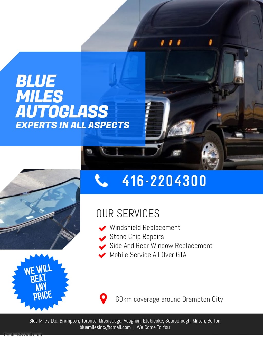 Blue miles Autoglass Inc | 7284 Cambrett Dr, Mississauga, ON L4T 2R5, Canada | Phone: (416) 220-4300