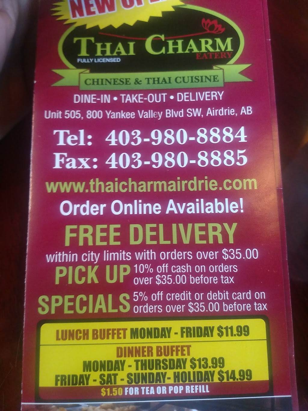 Thai Charm Eatery | 505, 800 Yankee Valley Blvd, Airdrie, AB T4B 3Y2, Canada | Phone: (403) 980-8884