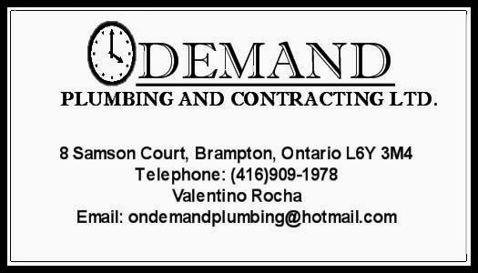 On Demand Plumbing and Contracting Ltd. | 8 Samson Ct, Brampton, ON L6Y 3M4, Canada | Phone: (416) 909-1978