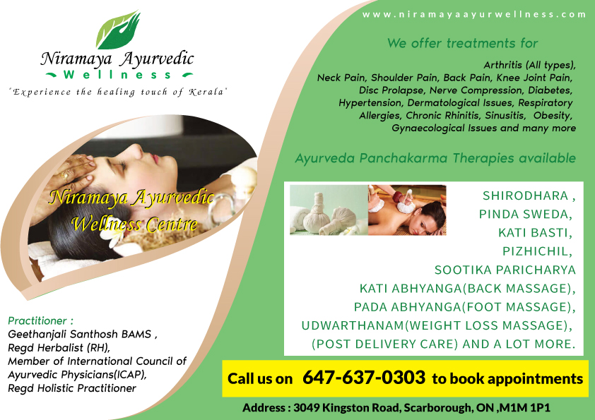 Niramaya Ayurveda wellness Centre | 3049 Kingston Rd, Scarborough, ON M1M 1P1, Canada | Phone: (647) 637-0303