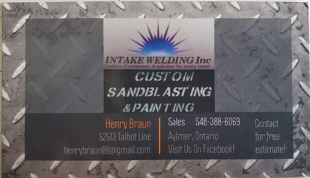 Intake Welding Inc | 52513 Talbot Line, Aylmer, ON N5H 2R1, Canada | Phone: (519) 765-2006