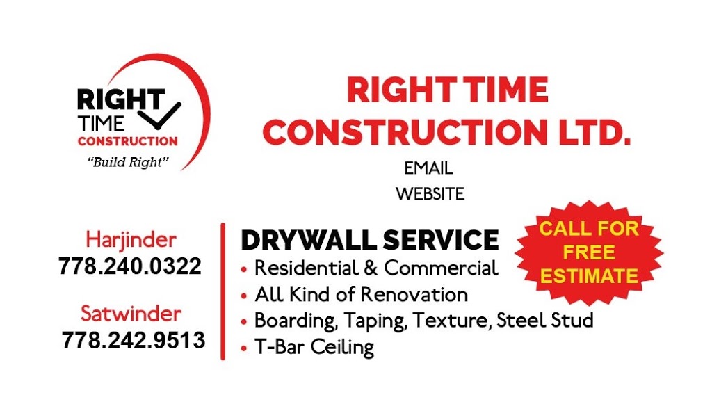 Right Time Construction Ltd. (drywall contractor) | 13141 65b Ave, Surrey, BC V3W 1Z7, Canada | Phone: (778) 240-0322