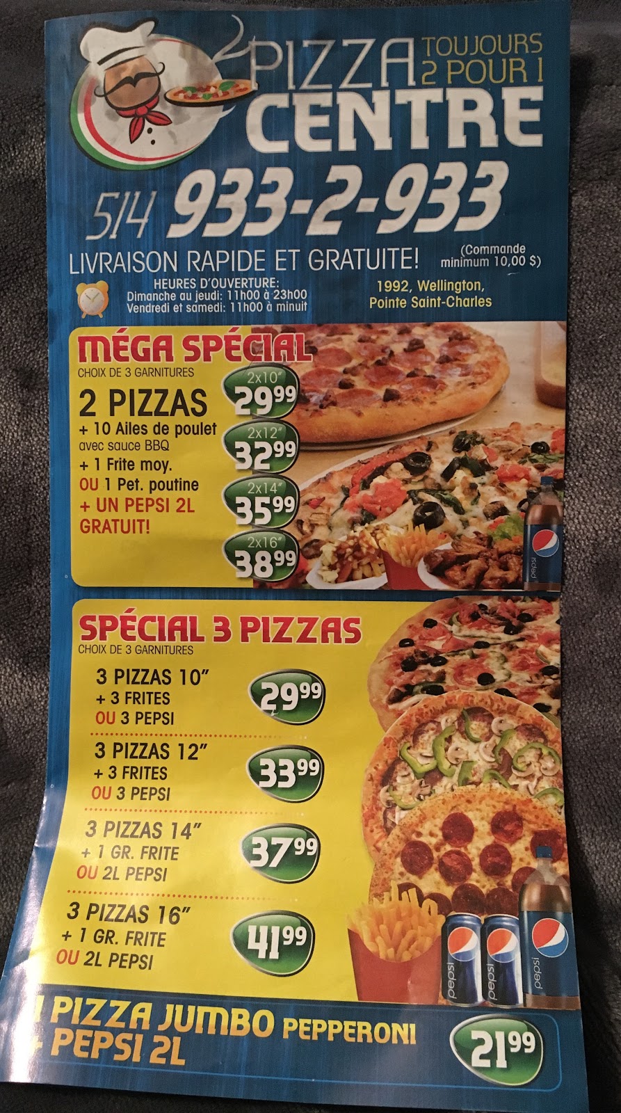 Pizza Center | 1992 Rue Wellington, Montréal, QC H3K 1W6, Canada | Phone: (514) 933-2933