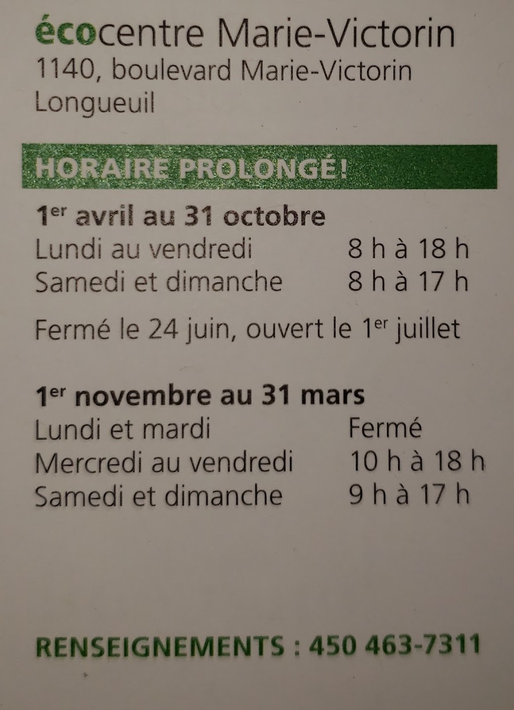 Écocentre Marie-Victorin | 1140 Bd Marie-Victorin, Longueuil, QC J4G 2H9, Canada | Phone: (450) 463-7311