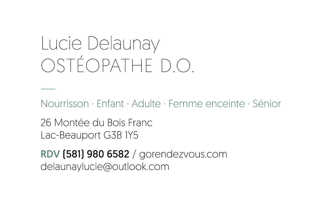 Lucie Delaunay - Ostéopathe Lac-Beauport | 26 Mnt du Bois Franc, Lac-Beauport, QC G3B 1Y5, Canada | Phone: (581) 980-6582