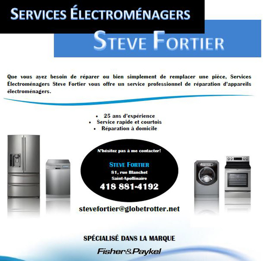 Service électroménager Steve Fortier | 81 Rue Blanchet, Saint-Apollinaire, QC G0S 2E0, Canada | Phone: (418) 881-4192