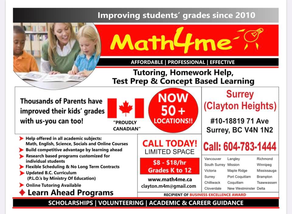 Math4me Clayton Heights - Surrey | 18819 71 Ave #10, Surrey, BC V4N 1N2, Canada | Phone: (604) 783-1444