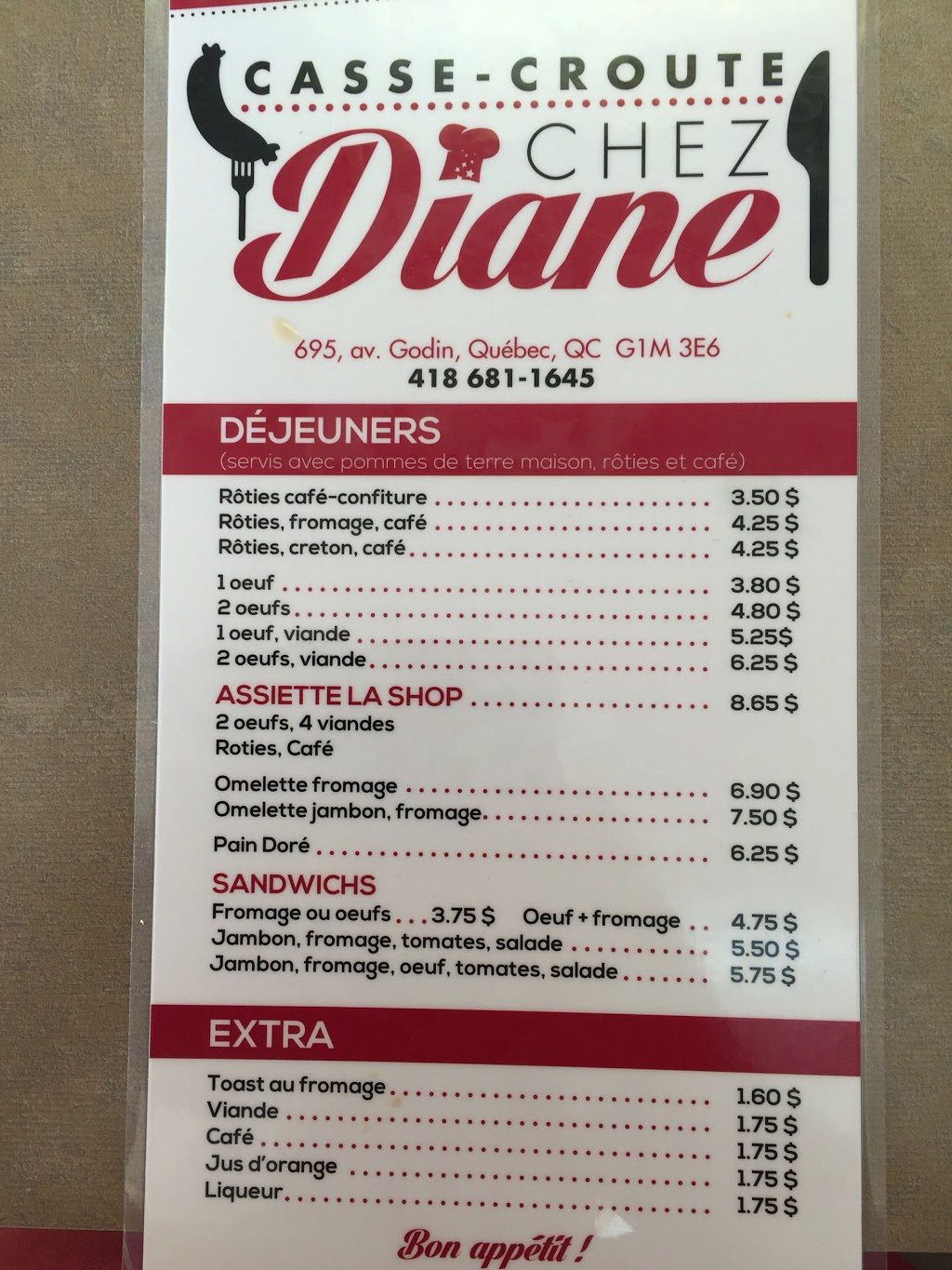 Casse-croûte Chez Diane | 695 Avenue Godin, Québec, QC G1M 3E6, Canada | Phone: (418) 681-1645