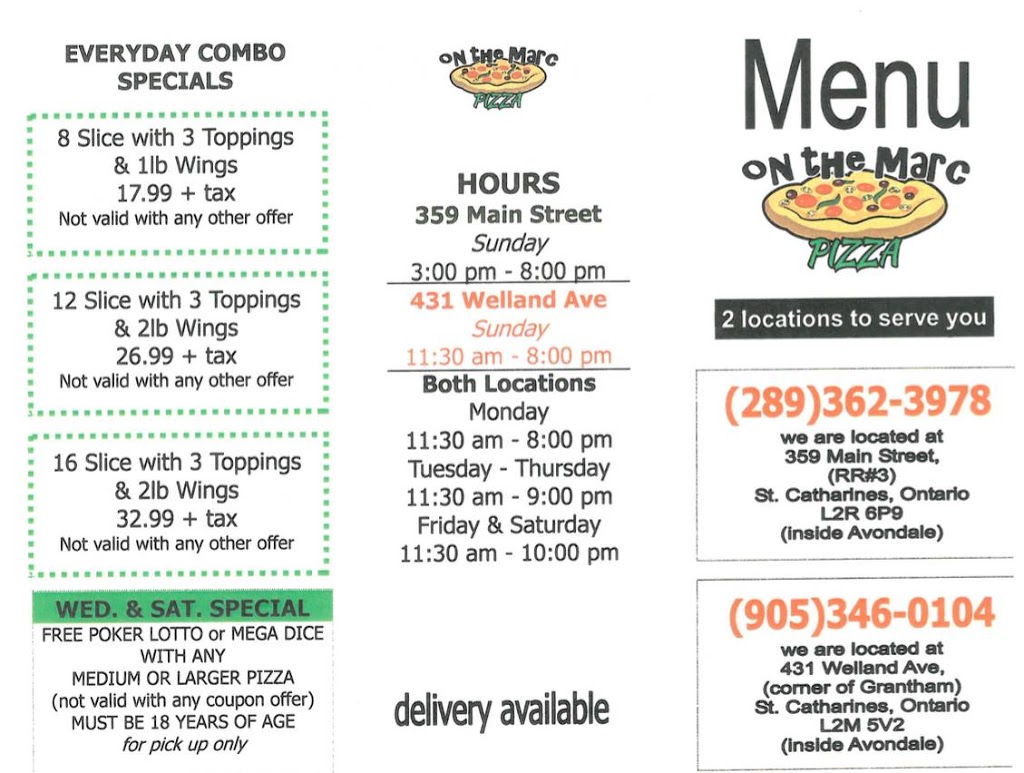 On The Marc Pizza | 359 Main St, St. Catharines, ON L2R 6P9, Canada | Phone: (289) 362-3978