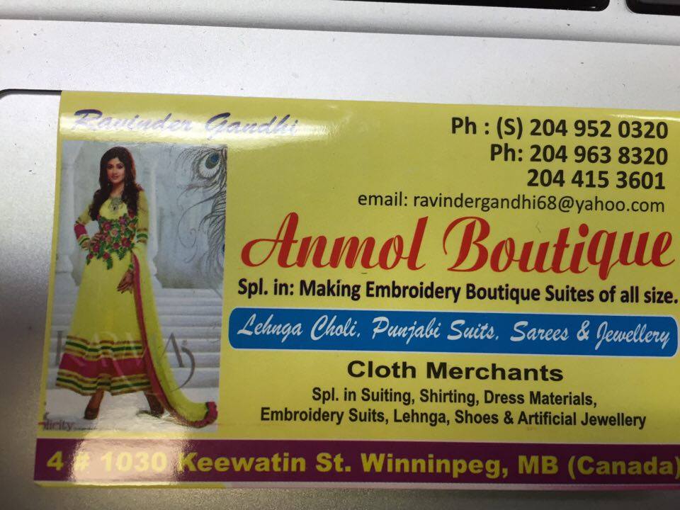 Anmol boutique | 1030 Keewatin St #4, Winnipeg, MB R2R 2E2, Canada | Phone: (204) 415-3601