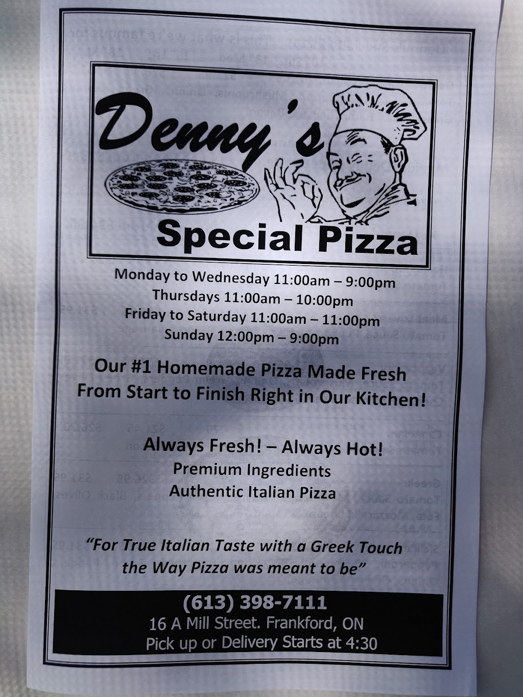 Dennys Special Pizza | 16 Mill St, Frankford, ON K0K 2C0, Canada | Phone: (613) 398-7111