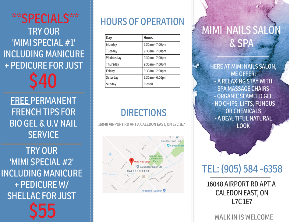 Mimi Nail Salon | 16048 Airport Rd, Caledon East, ON L7C 1K4, Canada | Phone: (905) 584-6358