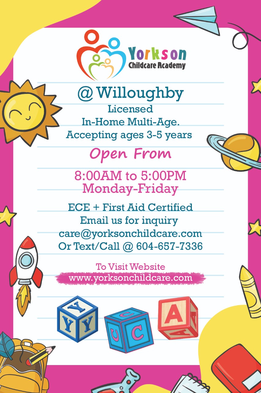 Yorkson Childcare Academy | 20683 76b Ave, Langley Twp, BC V2Y 3P6, Canada | Phone: (604) 657-7336