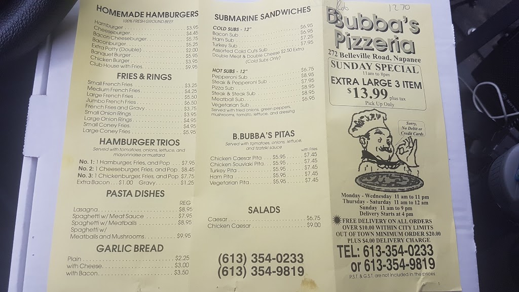 Bubbas Pizzeria & Restaurant | 272 Belleville Rd, Napanee, ON K7R 2R5, Canada | Phone: (613) 354-0233