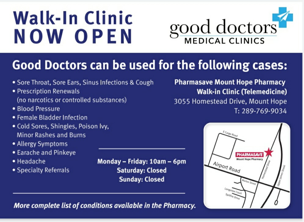 Mount Hope Pharmacy/Walk-in clinic | 3055 Homestead Dr, Mount Hope, ON L0R 1W0, Canada | Phone: (289) 759-1100