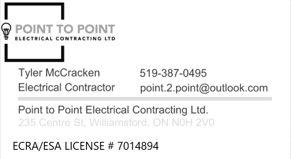 point to point electrical contractig | 235 Centre St, Williamsford, ON N0H 2V0, Canada | Phone: (519) 387-0495