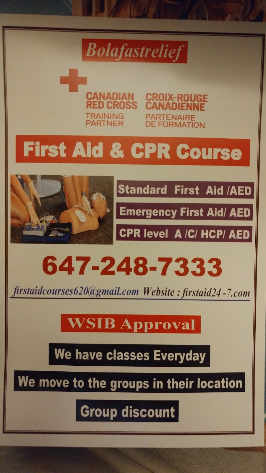 bolafastrelief first aid & cpr | 340 Rebecca St, Oakville, ON L6K 1K3, Canada | Phone: (647) 248-7333