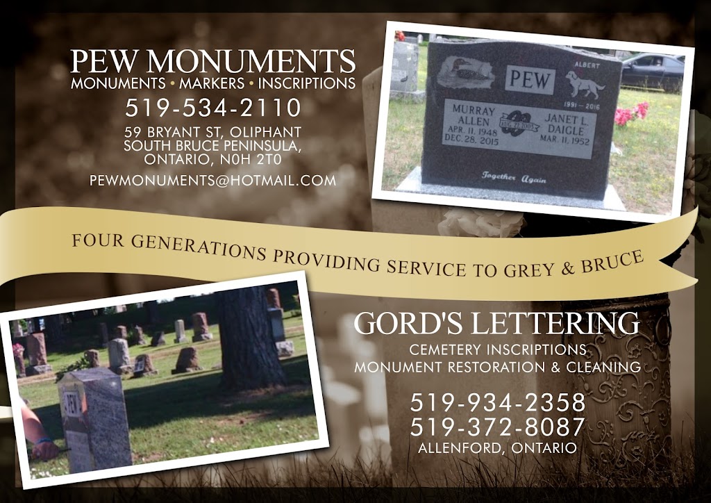 Pew Monuments | 59 Bryant St, Wiarton, ON N0H 2T0, Canada | Phone: (519) 534-2110