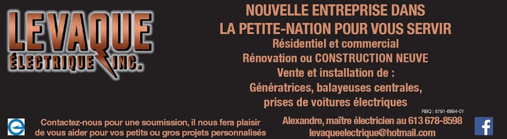 Levaque Électrique inc. | 1474 Rue Notre Dame, Notre-Dame-de-Bon-Secours-Partie-Nord, QC J0V 1L0, Canada | Phone: (613) 678-8598